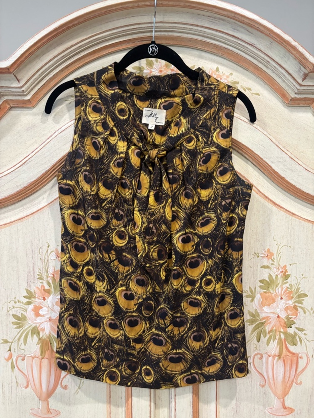 Milly Yellow Black Silk Peacock Sleeveless Blouse Size 2